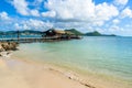 Pigeon Island Beach - tropical coast on the Caribbean island of St. Lucia. It is a paradise destination with a white sand beach