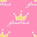 Cute glamorous seamless pattern with lettering elements and sparkling crown on pink background, editable vector illustration