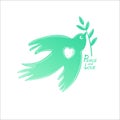 Pigeon of Peace logotype, peace symbol with flying bird and branch with leaves Royalty Free Stock Photo