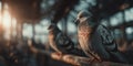 Pigeon Perched in Sunbeam Among Flock Indoors Royalty Free Stock Photo