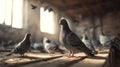 Pigeon Perched in Sunbeam Among Flock Indoors Royalty Free Stock Photo