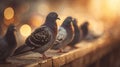 Pigeon Perched in Sunbeam Among Flock Indoors Royalty Free Stock Photo