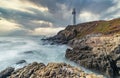 Pigeon Point Lighthouse against the backdrop of the beautiful sky and ocean with long exposure waves, a great landscape of the Royalty Free Stock Photo