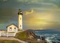 Pigeon Point lighthouse against the backdrop of a beautiful sky and ocean with waves, a great landscape of the Pacific coast in Royalty Free Stock Photo
