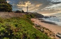 Pigeon Point lighthouse against the backdrop of a beautiful sky and ocean with waves, a great landscape of the Pacific coast in Royalty Free Stock Photo