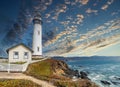 Pigeon Point lighthouse against the backdrop of a beautiful sky and ocean with waves, a great landscape of the Pacific coast in Royalty Free Stock Photo