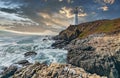 Pigeon Point lighthouse against the backdrop of a beautiful sky and ocean with waves, a great landscape of the Pacific coast in Royalty Free Stock Photo