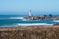 Pigeon Point Lighthouse, landscape view with brush and ocean waves in the foreground, on a clear sunny day on the California Coast Royalty Free Stock Photo