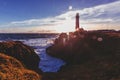Pigeon Point Lighthouse On Northern California Pacific Ocean Coastline Just Before Sunset With An Artistic Sun Flare, Vintage Look
