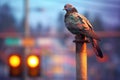 pigeon resting on a traffic light pole