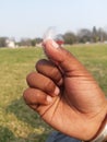 Pigeon`s feather on a Child`s hand Royalty Free Stock Photo