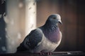 a pigeon is sitting on a ledge in a room with a window