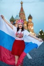 Fan of FIFA kokoshnike with Russian flag on red square in Moscow Royalty Free Stock Photo