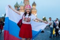 Fan of FIFA kokoshnike with Russian flag on red square in Moscow Royalty Free Stock Photo