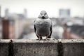 a pigeon standing on a ledge with a city in the background