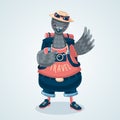 Pigeon tourist. Humanized dove traveler. Cartoon style illustration. Bird migration. Vector graphic.