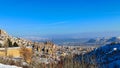 Pigeon valley with snowy landscape in winter in Cappadocia, Turkey Royalty Free Stock Photo