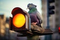 pigeon wearing a small fedora, perched on a traffic light