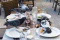 Pigeons eating at a restaurant