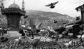 Pigeons fly over a black and white scene in Sarajevo - Bosnia and Herzegovina