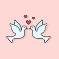 Couple of doves icon with heart. Simple editable design of line tender colorful icon for wedding. Pigeons