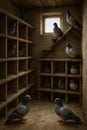 Pigeons inside rustic dovecote with wooden shelves Royalty Free Stock Photo