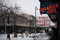 Pike Place Market in the snow with pigeons