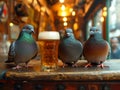 Pigeons and pint of beer. Three pigeons sit on a table next to a glass of beer Royalty Free Stock Photo