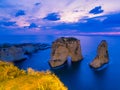 Pigeons` Rocks by night. In Beirut, Lebanon