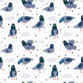 Pigeons seamless pattern. Cute print with doves pecking seeds. Street grey birds in different poses and angles. Urban Royalty Free Stock Photo