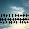 Pigeons silhouette against sky on wire