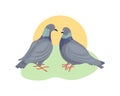 Pigeons. Two pigeons look at each other. Pigeon and dove-dove on the background of the rising sun. Urban birds. Vector