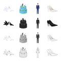 Pigeons, wedding cake, groom, bride s shoes. Wedding set collection icons in cartoon black monochrome outline style