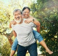 Piggy back, portrait and mature couple in garden for bonding, relationship and relaxing outdoors. Marriage, nature and Royalty Free Stock Photo