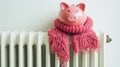 a piggy bank adorned with a scarf placed on a radiator near a light wall, symbolizing the importance of budgeting for