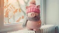 a piggy bank adorned with a winter hat and scarf, positioned next to a warm radiator in a cozy home interior, leaving