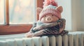 a piggy bank adorned with a winter hat and scarf, positioned next to a warm radiator in a cozy home interior, leaving