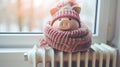 a piggy bank adorned with a winter hat and scarf, positioned next to a warm radiator in a cozy home interior, leaving