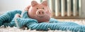 a piggy bank adorned with a winter hat and scarf, positioned next to a warm radiator in a cozy home interior, leaving