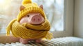 a piggy bank adorned with a winter hat and scarf, positioned next to a warm radiator in a cozy home interior, leaving