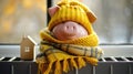 a piggy bank adorned with a winter hat and scarf, positioned next to a warm radiator in a cozy home interior, leaving