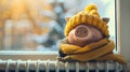 a piggy bank adorned with a winter hat and scarf, positioned next to a warm radiator in a cozy home interior, leaving