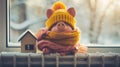 a piggy bank adorned with a winter hat and scarf, positioned next to a warm radiator in a cozy home interior, leaving