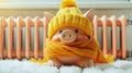 a piggy bank adorned with a winter hat and scarf, positioned next to a warm radiator in a cozy home interior, leaving