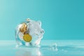 Piggy bank as a frozen ice cube. Frozen savings, funds and assets, unavailable money. The concept of bankruptcy and capital Royalty Free Stock Photo