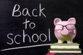Piggy Bank back to school message, education costs concept Royalty Free Stock Photo