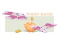 Piggy bank. Banknotes 500 euro. Lot money. Money, gold coins. Cash collecting billfold Royalty Free Stock Photo