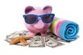 Piggy Bank beach vacation, travel money, holiday savings concept