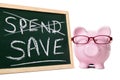 Saving plan, Piggy Bank with blackboard and spend save message Royalty Free Stock Photo