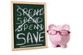 Saving plan, Piggy Bank with blackboard spend and save message isolated on white background Royalty Free Stock Photo